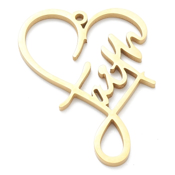 Ion Plating(IP) 304 Stainless Steel Pendants, Heart with Word Faith, Real 18K Gold Plated, 38x29x2mm, Hole: 1.8mm