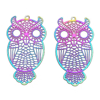 Ion Plating(IP) 201 Stainless Steel Filigree Pendants, Etched Metal Embellishments, Owl Charm, Rainbow Color, 46x25x0.3mm, Hole: 1.6mm