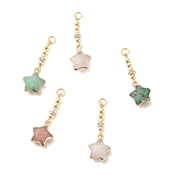 Natural Gemstone Star Pendants, with Electroplate Non-magnetic Synthetic Hematite and Silver Tone Brass Crystal Rhinestone Findings, Golden, 36~38mm