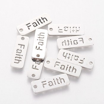 5Pcs 304 Stainless Steel Pendants, Inspirational Message Pendants, Rectangle with Word Faith, Stainless Steel Color, 17x6x1mm, Hole: 1.5mm