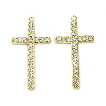 Real 14K Gold Plated 304 Stainless Steel Pendants, with Rhinestone, Cross Charms, Crystal, 36.5x19x2.5mm, Hole: 1.6mm