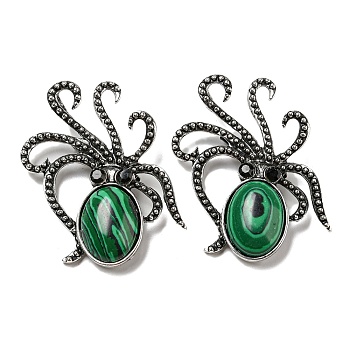 Synthetic Malachite Octopus Brooch, Alloy Pave Jet Rhinestone Sea Animal Pins, Antique Silver, 52.5~53x36.5x8~9mm, Hole: 7x4mm