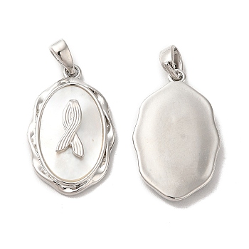 Brass Pendants, Oval Charms with Natural Shell, Platinum, 22.5x14x3mm, Hole: 2x4.2mm