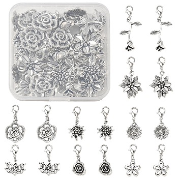 Tibetan Style Alloy Pendant Decorations, Flower, with Zinc Alloy Lobster Claw Clasps, Platinum, 31~48mm