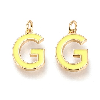 Brass Enamel Pendants, with Jump Ring, Long-Lasting Plated, Real 18K Gold Plated, Letter.G, Champagne Yellow, Letter.G, G: 17.5x11.5x1.8mm, Jump Rings: Inner Diameter: 3mm