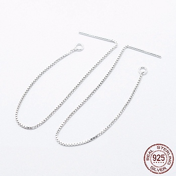 925 Sterling Silver Ear Stud Findings, with 925 Stamp, Ear Thread, with Box Chain, Silver, 100x0.8mm, Hole: 1mm, Pin: 0.8mm