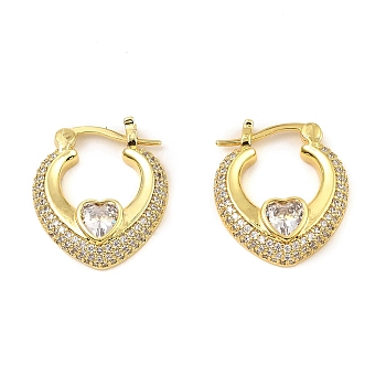 Brass with Cubic Zirconia Hoop Earrings, Long-Lasting Plated, Lead Free & Cadmium Free, Heart, Real 18K Gold Plated, 19.5x17x4mm