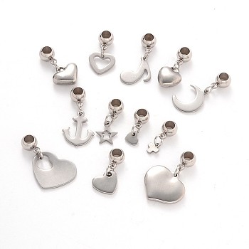 Mixed Shape 304 Stainless Steel European Large Hole Dangle Charms, Stainless Steel Color, 16~28mm, Hole: 4mm