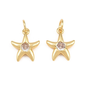Brass Micro Pave Clear Cubic Zirconia Pendants, Starfish Charms, Rack Plating, Long-Lasting Plated, Lead Free & Cadmium Free, Real 18K Gold Plated, 13.5x11x3mm, Hole: 3mm
