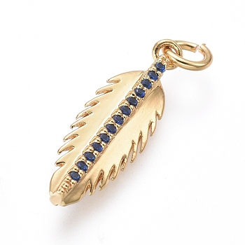 Brass Micro Pave Cubic Zirconia Pendants, with Jump Rings, Feather, Blue, Golden, 22x7x3.5mm, Hole: 3mm