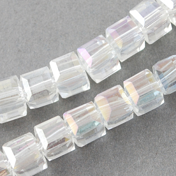 Electroplate Glass Beads Strands, AB Color Plated, Faceted, Cube, Clear AB, 6x6x6mm, Hole: 1mm, about 100pcs/strand, 22 inch