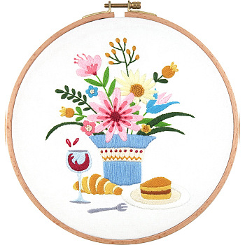 DIY Display Decoration Embroidery Kit, Including Embroidery Needles & Thread, Cotton Fabric, Flower Pattern, 173x139mm