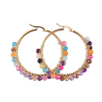 Beaded Hoop Earrings, with with Natural Agate Beads, Golden Plated 304 Stainless Steel Hoop Earrings, 50mm, Pin: 0.6x1mm