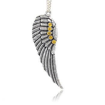 Antique Silver Plated Alloy Wing Big Pendants, with Rhinestones, Citrine, 52x17x2mm, Hole: 2mm