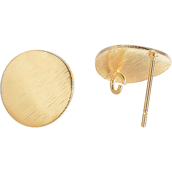 Brass Ear Stud Findings, with Loop, Flat Round, Real 18K Gold Plated, 15mm, Hole: 2mm, Pin: 0.5mm, 20pcs/box