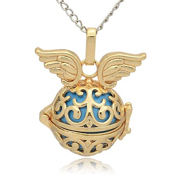 Golden Tone Brass Hollow Round Cage Pendants, with No Hole Spray Painted Brass Round Ball Beads, Round with Wing, Deep Sky Blue, 31x30x21mm, Hole: 3x8mm