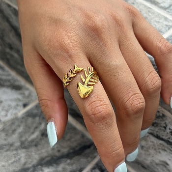 Ocean 304 Stainless Steel Cuff Open Rings, Fishbone, Golden, US Size 8 1/2(18.5mm)