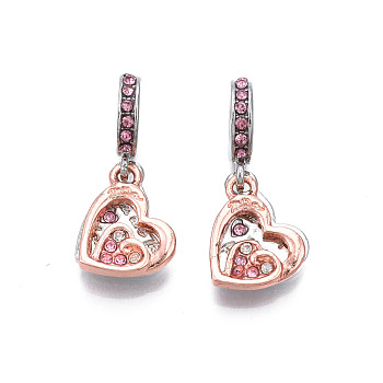 Rack Plating Alloy European Dangle Charms, with Rhinestone, Large Hole Beads, Cadmium Free & Lead Free, Golden, Heart, Platinum & Rose Gold, Rose, 25mm, Hole: 5mm, Charm: 12~13.5x10~13x2~2.5mm