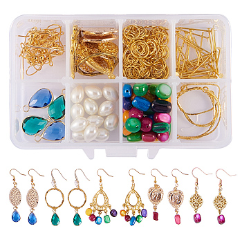 Earring Makings, with Brass Glass Drop Pendants, Brass Leafy Branch Pendants and Brass Earring Hooks, Mixed Color, 110x70x30mm