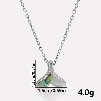 Luxury 304 Stainless Steel Pave Natural Paua Shell Whale Tail Pendant Necklaces, Stainless Steel Color, Pendant: 1.3x1.5cm