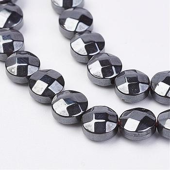 Non-magnetic Synthetic Hematite Beads Strands, Faceted, Flat Round, 6x3.5mm, Hole: 0.5mm, about 66pcs/strand, 15.74 inch