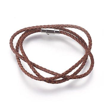 Leather Braided Cord Wrap Bracelets/Necklaces, Three Loops, with 304 Stainless Steel Magnetic Screw Clasps, Column, Coconut Brown, 22.8 inch~23 inch(58~58.5cm), 3mm