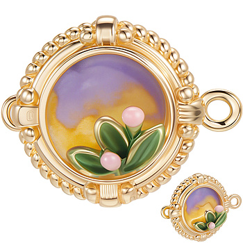 2Pcs Brass Enamel Box Clasps, Flat Round with Flower, Real 18K Gold Plated, 15x20.5x10mm, Hole: 1.2mm