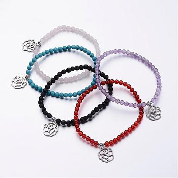 304 Stainless Steel Charm Bracelets, Rose, with Natural & Synthetic Mixed Stone Beaded and Elastic Fibre Wire, 2-1/4 inch(55mm)