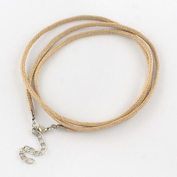 Waxed Cotton Cord Necklace Making, with Alloy Lobster Claw Clasps and Iron End Chains, Platinum, BurlyWood, 17.3 inch