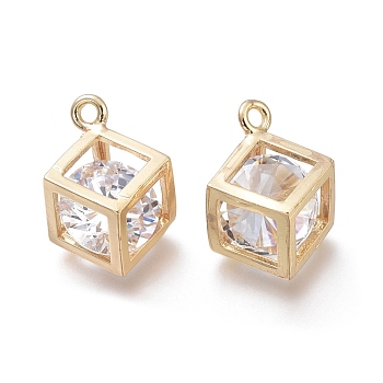 Hollow Brass Micro Clear Cubic Zirconia Charms, Faceted, Long-Lasting Plated, Cube, Real 14K Gold Plated, 14.7x10.4x7.3mm, Hole: 1.5mm