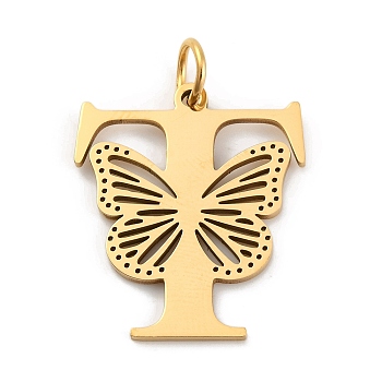 Ion Plating(IP) 201 Stainless Steel Pendants, Letter with Butterfly Charms, Golden, Letter T, 27x23.5x1.5mm, Ring: 7x1mm, Hole: 5mm