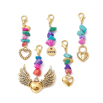 Valentine's Day Synthetic Turquoise Chip Pendant Decorations, with Heart Alloy Pendant and Lobster Claw Clasps, Colorful, 46~49mm