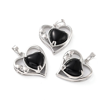 Natural Obsidian Pendants, with Platinum Tone Brass Findings, Cadmium Free & Lead Free, Heart, Valentine's Day, 28x26x5mm, Hole: 8x5mm
