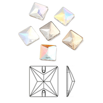 K9 Glass Rhinestone Cabochons, Flat Back & Back Plated, Faceted, Square, Mixed Color, 12x12x4.5mm