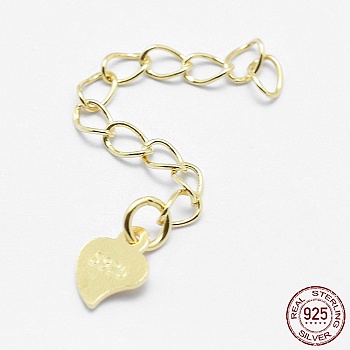 925 Sterling Silver Extender Chains, with Heart Charms, Real 18K Gold Plated, 42mm, Heart: 7x5x0.5mm