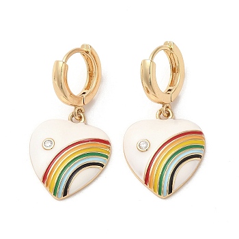 Heart with Rainbow Real 18K Gold Plated Brass Dangle Hoop Earrings, with Cubic Zirconia and Enamel, WhiteSmoke, 34.5x18mm