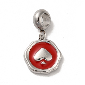 304 Stainless Steel Enamel European Dangle Charms, Large Hole Pendants, Flat Round with Spade Pattern, Stainless Steel Color, FireBrick, 25mm, Pendant: 15x14x2.5mm, Hole: 4.5mm