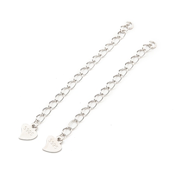 Rhodium Plated 925 Sterling Silver Chain Extender, Heart, Real Platinum Plated, 50mm