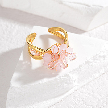 304 Stainless Steel and Synthetic Quartz Cuff Open Rings, Flower, Golden, Pink, Inner Diameter: 18mm