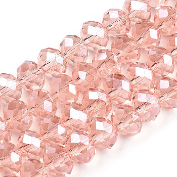 Electroplate Glass Beads Strands, Pearl Luster Plated, Faceted, Rondelle, Salmon, 10x8mm, Hole: 1mm, about 65~66pcs/strand, 20.8~21.2 inch(53~54cm)
