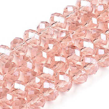 Electroplate Glass Beads Strands, Pearl Luster Plated, Faceted, Rondelle, Salmon, 10x8mm, Hole: 1mm, about 63~65pcs/strand, 49~50cm