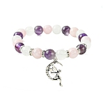8mm Natural Rose Quartz & Quartz Crystal & Amethyst Round Beaded Stretch Bracelets, Moon Fairy Alloy Charm Bracelets for Women, Antique Silver, Inner Diameter: 2-3/8 inch(6c)(BJEW-JB10738-02)