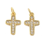 Brass Micro Pave Cubic Zirconia Pendants, Cross, Lead Free & Cadmium Free, Long-Lasting Plated, Rack Plating, with Jump Ring, Real 18K Gold Plated, 15.5x10x1.5mm, Hole: 3mm(X1-KK-C092-21C-G)