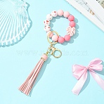 Silicone Beads Keychain, with Imitation Leather Tassel Pendants and Alloy Clasp and Ring, Golden, Pink, 155mm(KEYC-YW00193-02)