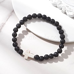 Natural Lava Rock Beads Stretch Bracelets for Women, with Synthetic Turquoise Cross, Beads: 7mm, Inner Diameter: 2.32 inch(5.9cm)(BJEW-JB13268)
