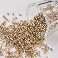 11/0 Grade A Dyed Glass Seed Beads, Round, Gold, 2.3x1.5mm, Hole: 1mm, about 5300pcs/50g(X-SEED-N001-C-0562)