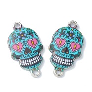 Alloy Enamel Links Connectors, Sugar Skull, for Mexico Holiday Day of the Dead, Platinum, Cyan, 25.5x13.5x2.5mm, Hole: 1.6mm(ENAM-F140-02D-P)