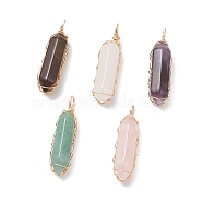 Natural Mixed Gemstone Double Terminal Pointed Pendants, Faceted Bullet Charms with Copper Wire Wrapped, Golden, 37~38x10x9.5mm, Hole: 2.5mm(PALLOY-JF02059)
