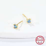 Golden Sterling Silver Micro Pave Cubic Zirconia Stud Earring, Square, Sky Blue, 4x4mm(XN7792-12)