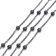 304 Stainless Steel Cable Chains, with304 Stainless Steel Beads, Soldered, with Spool, Electrophoresis Black, Link: 1.5x1.2x0.2mm, Beads: 3mm, about 32.8 Feet(10m)/roll(CHS-F013-04EB)